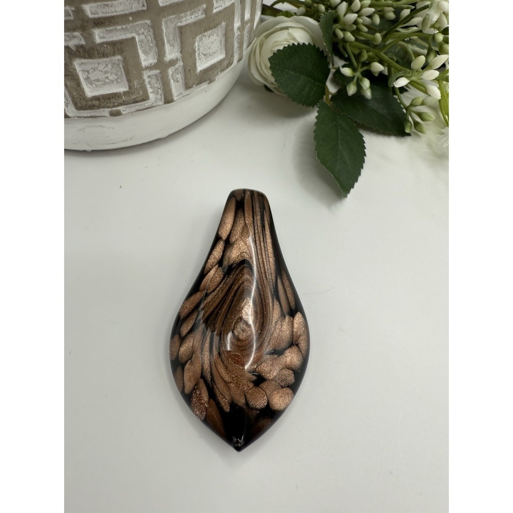 Murano Style Copper Swirl Art Glass Pendant Hand Blown‎ Teardrop Necklace Charm